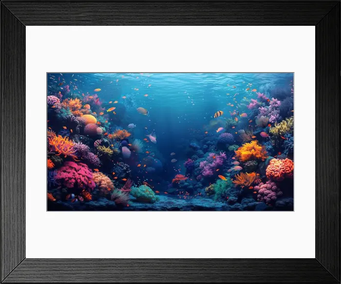 Framed Print : underwater coral reef landscape super wide banner background in the deep blue ocean with colorful fish and marine life Framed Print : underwater coral reef landscape super wide banner background in the deep blue ocean with colorful fish and marine life