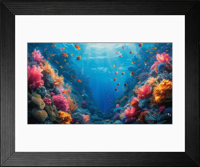 Framed Print : underwater coral reef landscape super wide banner background in the deep blue ocean with colorful fish and marine life Framed Print : underwater coral reef landscape super wide banner background in the deep blue ocean with colorful fish and marine life