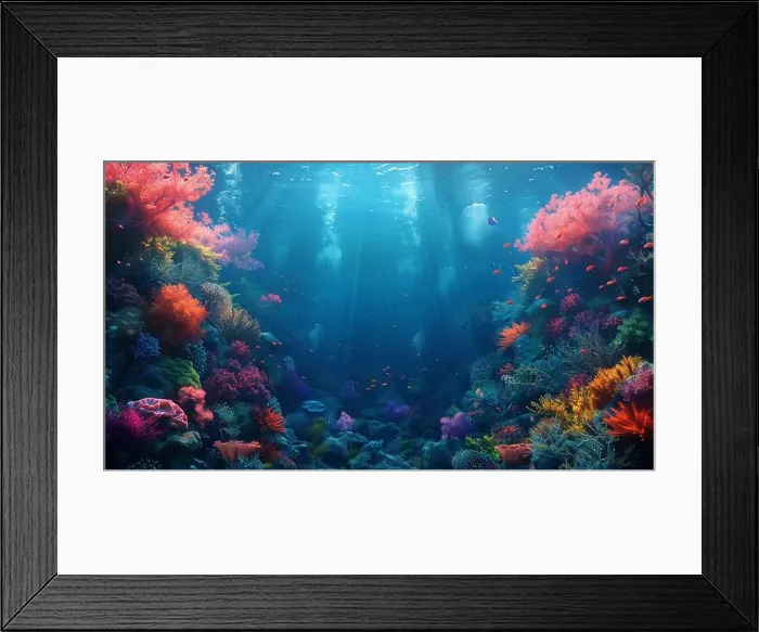 Framed Print : underwater coral reef landscape super wide banner background in the deep blue ocean with colorful fish and marine life Framed Print : underwater coral reef landscape super wide banner background in the deep blue ocean with colorful fish and marine life