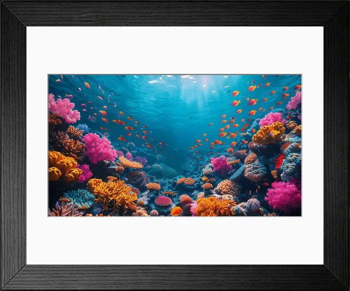 Framed Print : underwater coral reef landscape super wide banner background in the deep blue ocean with colorful fish and marine life Framed Print : underwater coral reef landscape super wide banner background in the deep blue ocean with colorful fish and marine life