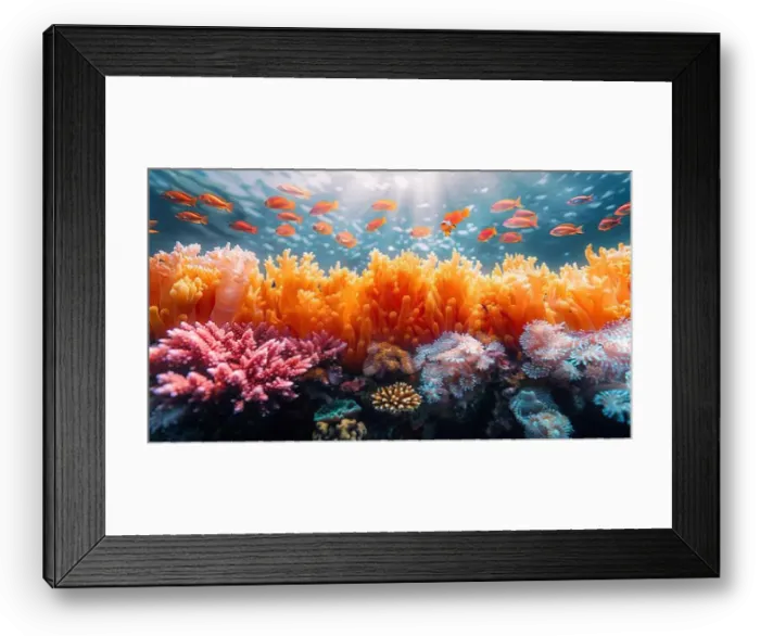 Framed Print : underwater coral reef landscape super wide banner background in the deep blue ocean with colorful fish and marine life