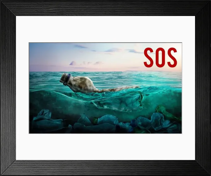 Framed Print : Word SOS and plastic garbage in ocean. Marine pollution Framed Print : Word SOS and plastic garbage in ocean. Marine pollution