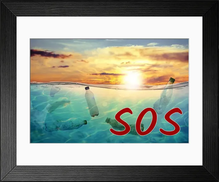 Framed Print : Word SOS and plastic garbage in ocean. Marine pollution Framed Print : Word SOS and plastic garbage in ocean. Marine pollution