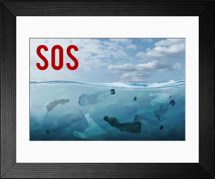 Framed Print : Word SOS and plastic garbage in ocean. Marine pollution Framed Print : Word SOS and plastic garbage in ocean. Marine pollution