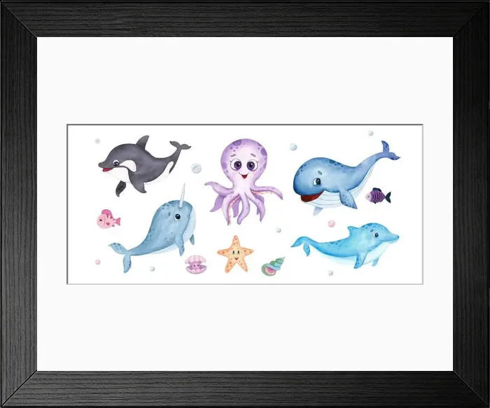 Framed Print : Sea animals watercolor set. Cute whale Framed Print : Sea animals watercolor set. Cute whale