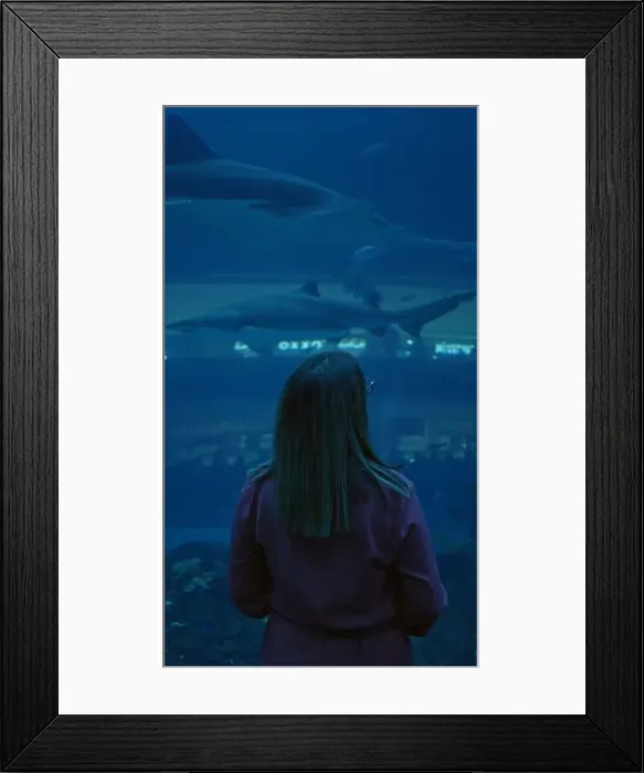 Framed Print : A young woman gazes at sharks in a dimly lit underwater aquarium in dubai, expressing awe and curiosity Framed Print : A young woman gazes at sharks in a dimly lit underwater aquarium in dubai, expressing awe and curiosity