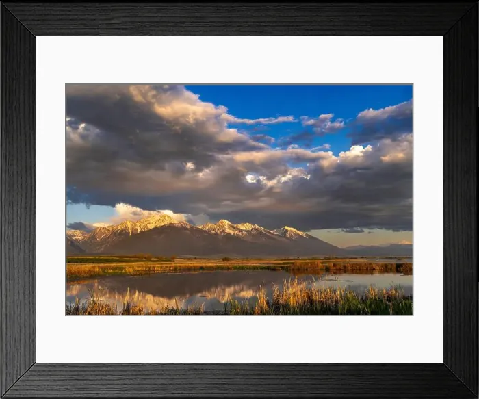 Framed Print : Wetlands pond reflects the Mission Mountains at sunset at the Ninepipe National Wildlife Refuge near Ronan Framed Print : Wetlands pond reflects the Mission Mountains at sunset at the Ninepipe National Wildlife Refuge near Ronan