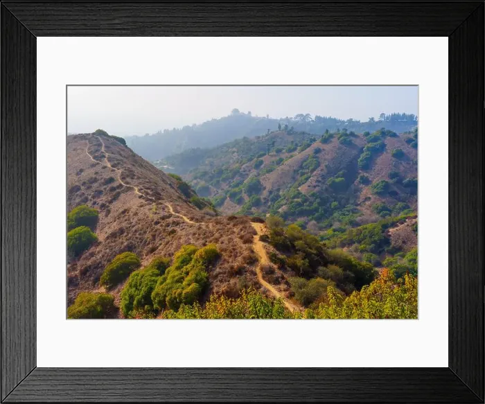 Framed Print : Wide view of hilly landscape featuring trails winding through Griffith Park, surrounded by diverse green vegetation Framed Print : Wide view of hilly landscape featuring trails winding through Griffith Park, surrounded by diverse green vegetation