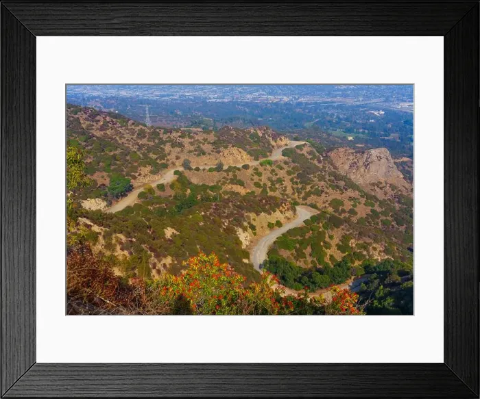 Framed Print : Stunning aerial view of the winding roads and lush landscape seen from Tom LaBonge Panorama in Griffith Park Framed Print : Stunning aerial view of the winding roads and lush landscape seen from Tom LaBonge Panorama in Griffith Park