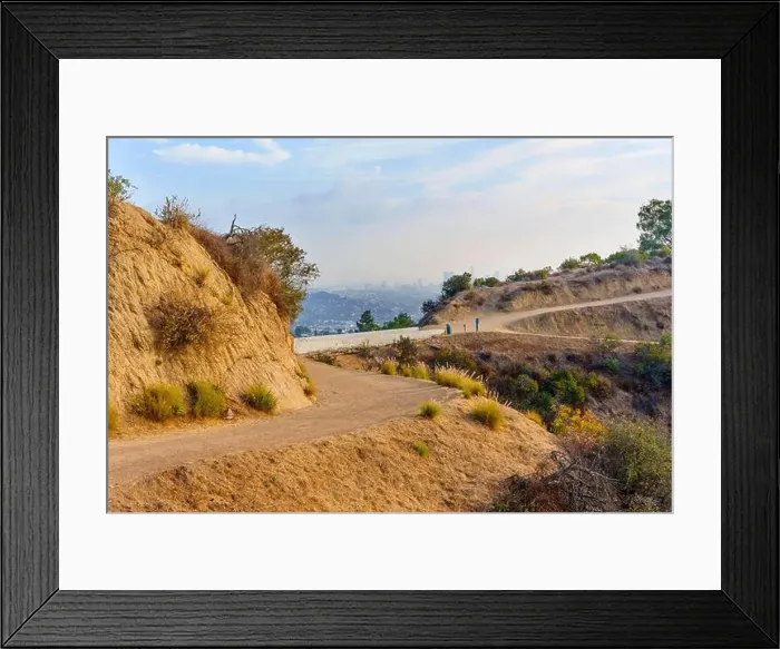 Framed Print : Charming hiking path in Griffith Park leading to stunning city views, surrounded by natural beauty and dry hills Framed Print : Charming hiking path in Griffith Park leading to stunning city views, surrounded by natural beauty and dry hills