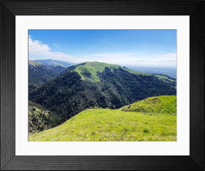 Framed Print : A scenic view of Alum Rock Park rugged terrain highlights vibrant grass covered slopes with hiking trails Framed Print : A scenic view of Alum Rock Park rugged terrain highlights vibrant grass covered slopes with hiking trails