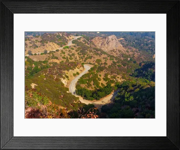 Framed Print : Aerial view of winding trails and lush vegetation seen from the Griffith Park Observatory Peak Framed Print : Aerial view of winding trails and lush vegetation seen from the Griffith Park Observatory Peak