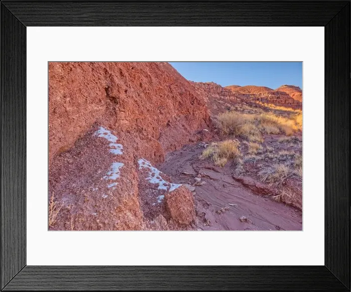 Framed Print : Patches of snow in the shade of a hill in Dead Wash at Petrified Forest National Park, Arizona, United States of America Framed Print : Patches of snow in the shade of a hill in Dead Wash at Petrified Forest National Park, Arizona, United States of America