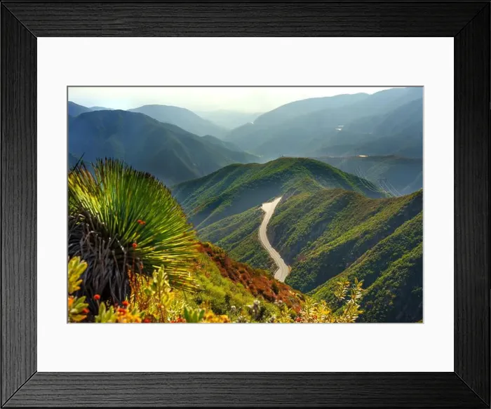 Framed Print : Panoramic view of rolling hills and winding road in Angeles National Forest Framed Print : Panoramic view of rolling hills and winding road in Angeles National Forest