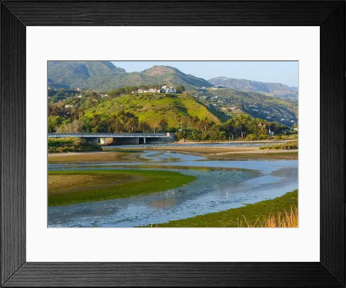 Framed Print : Lush green hills surround lagoon at Malibu Framed Print : Lush green hills surround lagoon at Malibu
