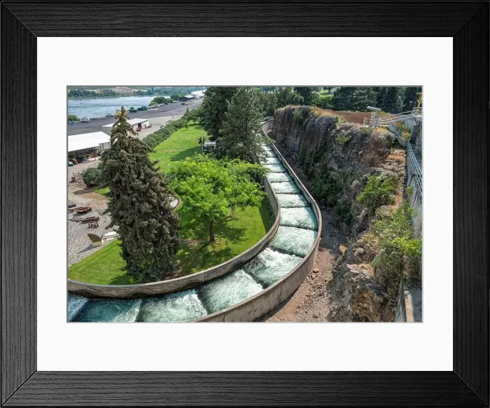 Framed Print : The fish ladder curves through a park at the Rocky Reach Dam on the Columbia River near Wenatchee in Washington, USA Framed Print : The fish ladder curves through a park at the Rocky Reach Dam on the Columbia River near Wenatchee in Washington, USA