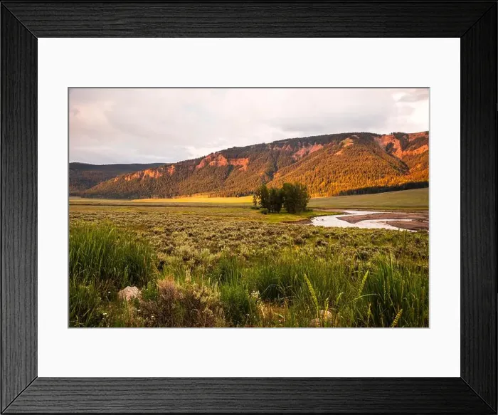 Framed Print : Golden sunlight over Lamar Valley with vibrant hills and serene river Framed Print : Golden sunlight over Lamar Valley with vibrant hills and serene river