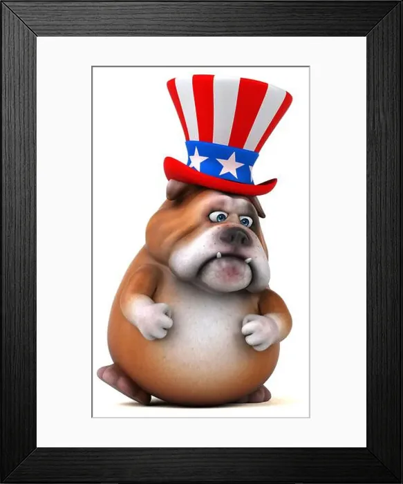 Framed Print : Fun 3D cartoon bulldog with an uncle sam hat