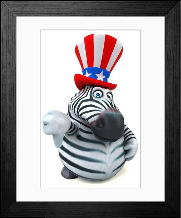 Framed Print : Fun 3D cartoon zebra with an uncle sam hat Framed Print : Fun 3D cartoon zebra with an uncle sam hat