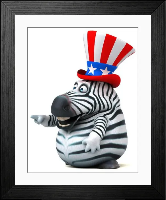 Framed Print : Fun 3D cartoon zebra with an uncle sam hat Framed Print : Fun 3D cartoon zebra with an uncle sam hat