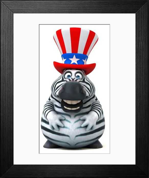Framed Print : Fun 3D cartoon zebra with an uncle sam hat Framed Print : Fun 3D cartoon zebra with an uncle sam hat