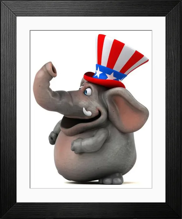 Framed Print : Fun 3D cartoon elephant with an uncle sam hat Framed Print : Fun 3D cartoon elephant with an uncle sam hat