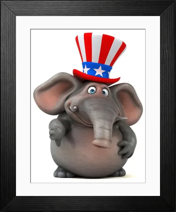 Framed Print : Fun 3D cartoon elephant with an uncle sam hat Framed Print : Fun 3D cartoon elephant with an uncle sam hat