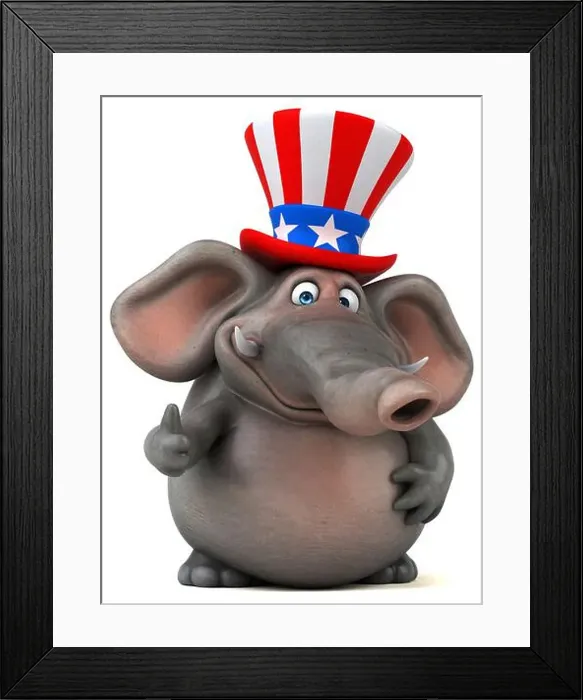 Framed Print : Fun 3D cartoon elephant with an uncle sam hat Framed Print : Fun 3D cartoon elephant with an uncle sam hat