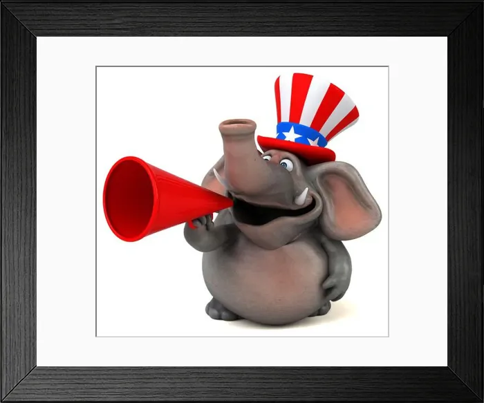 Framed Print : Fun 3D cartoon elephant with an uncle sam hat Framed Print : Fun 3D cartoon elephant with an uncle sam hat