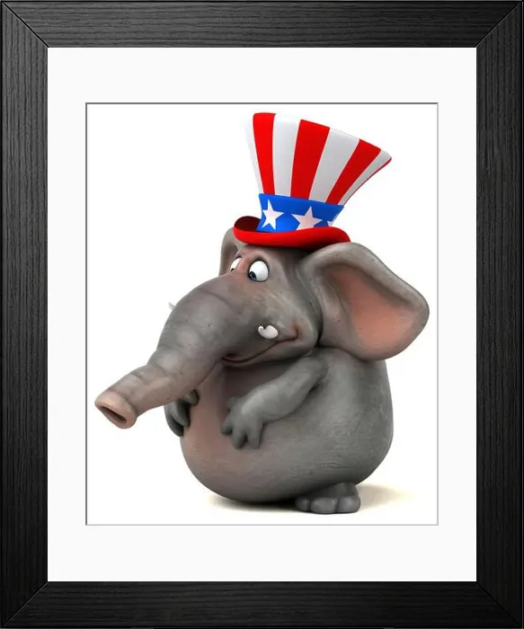 Framed Print : Fun 3D cartoon elephant with an uncle sam hat Framed Print : Fun 3D cartoon elephant with an uncle sam hat