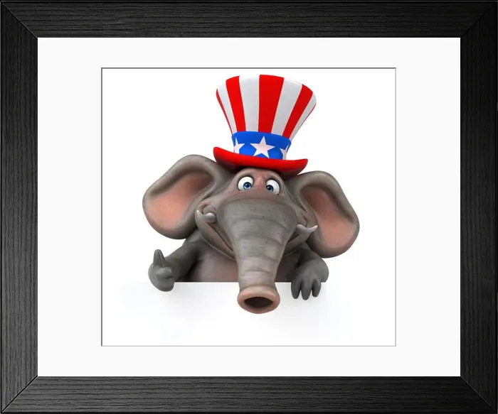 Framed Print : Fun 3D cartoon elephant with an uncle sam hat Framed Print : Fun 3D cartoon elephant with an uncle sam hat