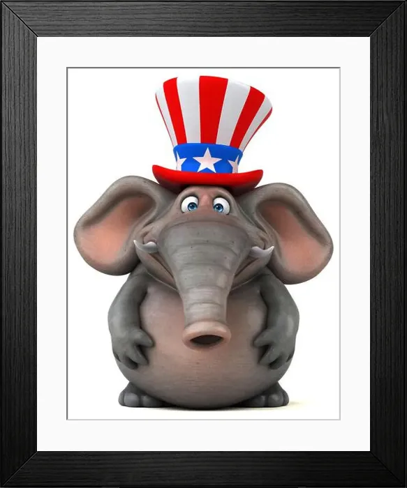 Framed Print : Fun 3D cartoon elephant with an uncle sam hat Framed Print : Fun 3D cartoon elephant with an uncle sam hat