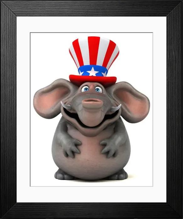 Framed Print : Fun 3D cartoon elephant with an uncle sam hat Framed Print : Fun 3D cartoon elephant with an uncle sam hat