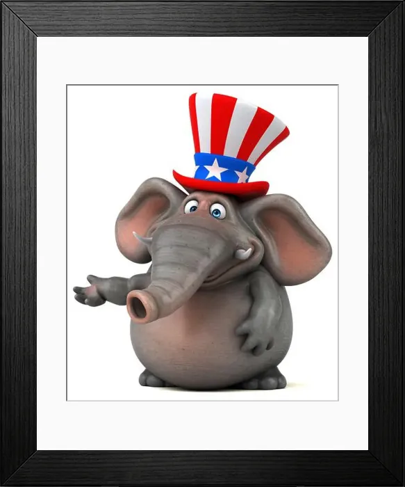 Framed Print : Fun 3D cartoon elephant with an uncle sam hat Framed Print : Fun 3D cartoon elephant with an uncle sam hat