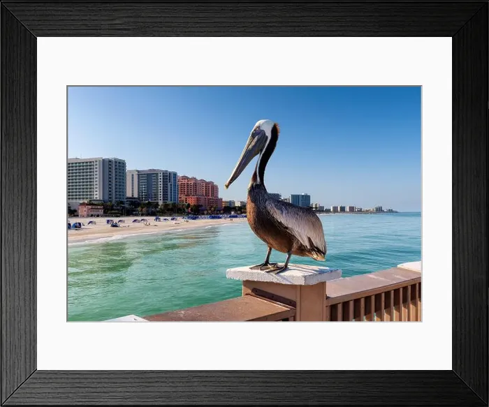 Framed Print : Pelican bird posing in the public pier in Clearwater, Florida, USA Framed Print : Pelican bird posing in the public pier in Clearwater, Florida, USA