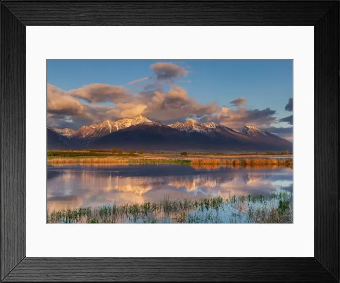 Framed Print : Wetlands pond reflects the Mission Mountains at sunset at Ninepipe National Wildlife Refuge near Ronan, Montana, USA Framed Print : Wetlands pond reflects the Mission Mountains at sunset at Ninepipe National Wildlife Refuge near Ronan, Montana, USA