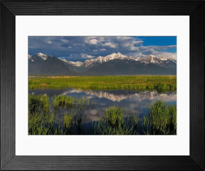 Framed Print : Wetlands pond reflects the Mission Mountains at sunset at Ninepipe National Wildlife Refuge near Ronan, Montana, USA Framed Print : Wetlands pond reflects the Mission Mountains at sunset at Ninepipe National Wildlife Refuge near Ronan, Montana, USA