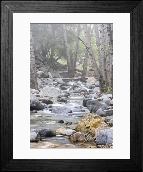 Framed Print : Mountain stream with small waterfalls in light fog Framed Print : Mountain stream with small waterfalls in light fog