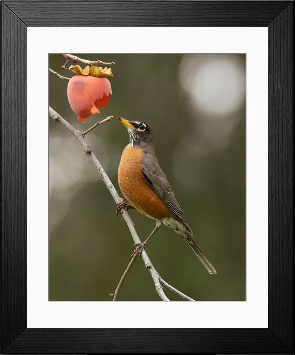 Framed Print : American Robin (Turdus migratorius) eating persimmon in an orchard Sacramento County California USA Framed Print : American Robin (Turdus migratorius) eating persimmon in an orchard Sacramento County California USA