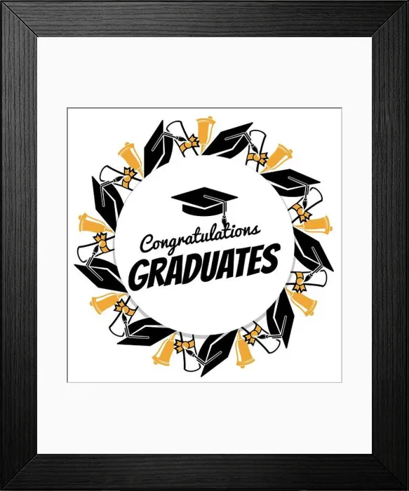 Framed Print : Congrats graduates round banner with students accessorises Framed Print : Congrats graduates round banner with students accessorises