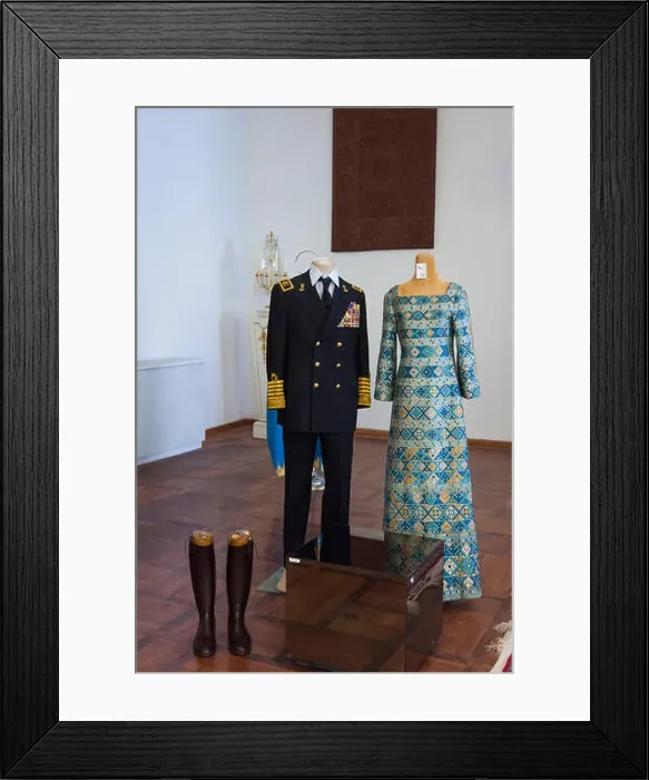 Framed Print : Iran, Tehran, Niyavaran Palace Complex, palace of the last Shah, clothing of the royal couple Framed Print : Iran, Tehran, Niyavaran Palace Complex, palace of the last Shah, clothing of the royal couple