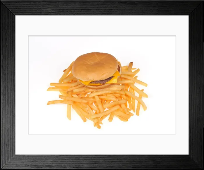 Framed Print : McDonald's double cheeseburger and french fries or chips on white background cutout USA