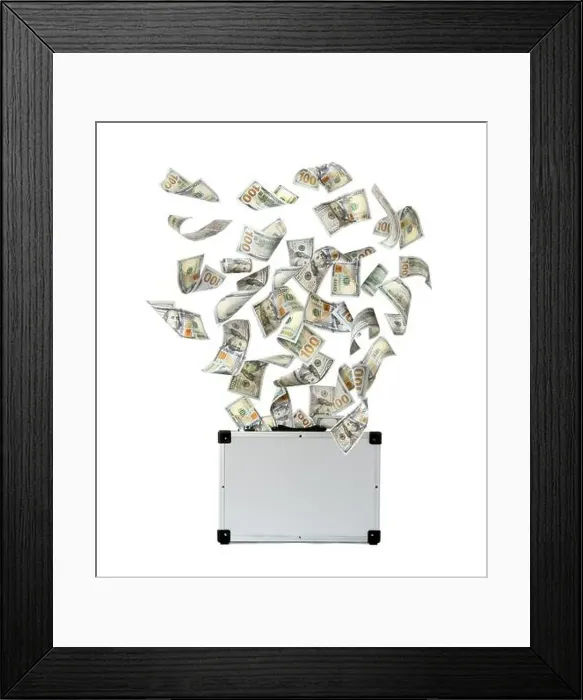 Framed Print : Modern suitcase full of money and flying American banknotes on white background Framed Print : Modern suitcase full of money and flying American banknotes on white background