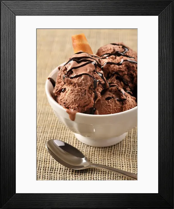 Framed Print : Photo of a bowl of melting chocolate ice cream with chocolate drizzle Framed Print : Photo of a bowl of melting chocolate ice cream with chocolate drizzle
