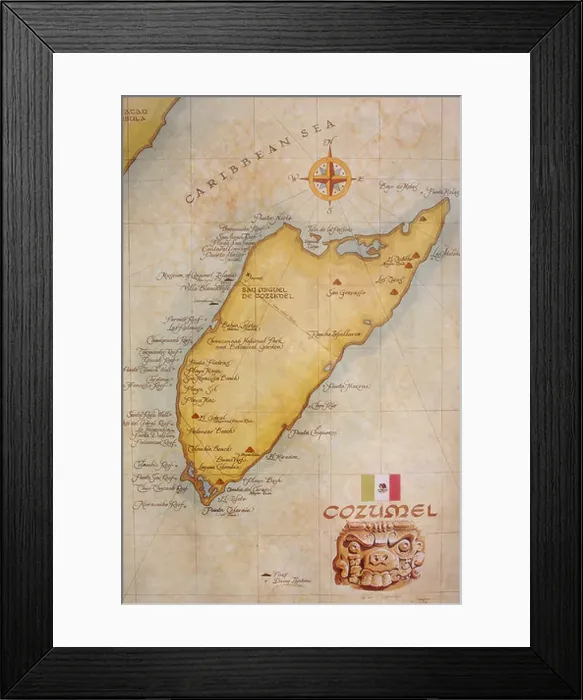 Framed Print : The map of Cozumel Island, Mexico Framed Print : The map of Cozumel Island, Mexico