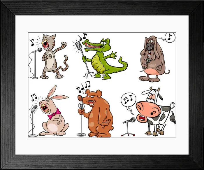 Framed Print : Cartoon Illustration of Funny Singing Animals Characters Set Framed Print : Cartoon Illustration of Funny Singing Animals Characters Set