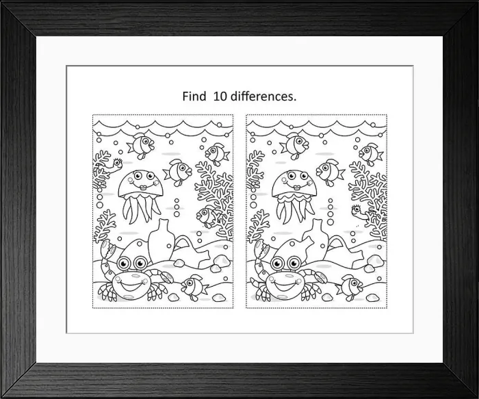 Framed Print : Find ten differences activity page with underwater life scene and amphorae Framed Print : Find ten differences activity page with underwater life scene and amphorae
