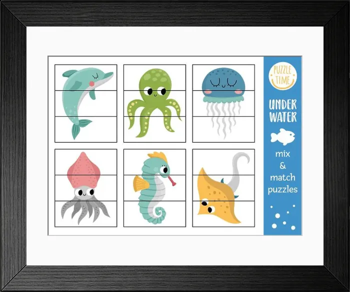 Framed Print : Vector under the sea mix and match puzzle with cute characters Framed Print : Vector under the sea mix and match puzzle with cute characters