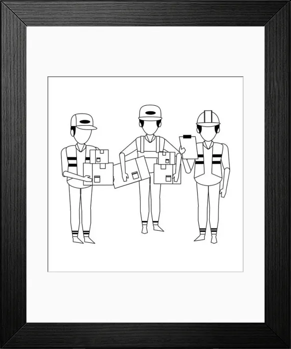 Framed Print : Warehouse workers with merchandise in black and white Framed Print : Warehouse workers with merchandise in black and white