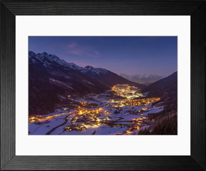 Framed Print : Stubai valley. Stubaital. Night landscape, winter season. Town lights. Austrian Alps. Austria. Europe Framed Print : Stubai valley. Stubaital. Night landscape, winter season. Town lights. Austrian Alps. Austria. Europe
